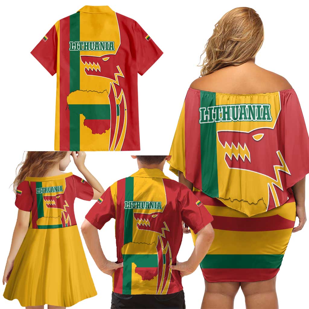Lithuania Red Family Matching Off Shoulder Short Dress and Hawaiian Shirt with Bold Vytis Cross Design and Tricolor Flag Accents - Wonder Print Shop