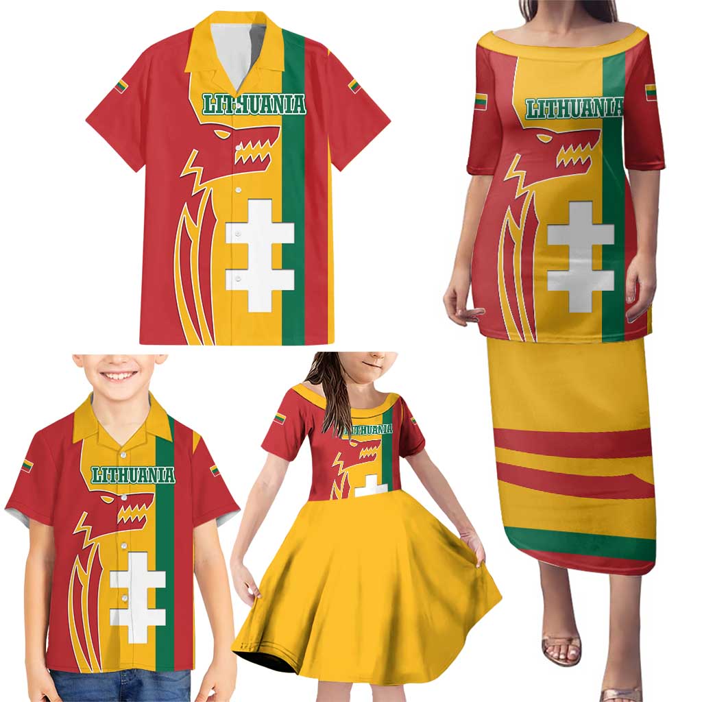 Lithuania Red Family Matching Puletasi and Hawaiian Shirt with Bold Vytis Cross Design and Tricolor Flag Accents - Wonder Print Shop