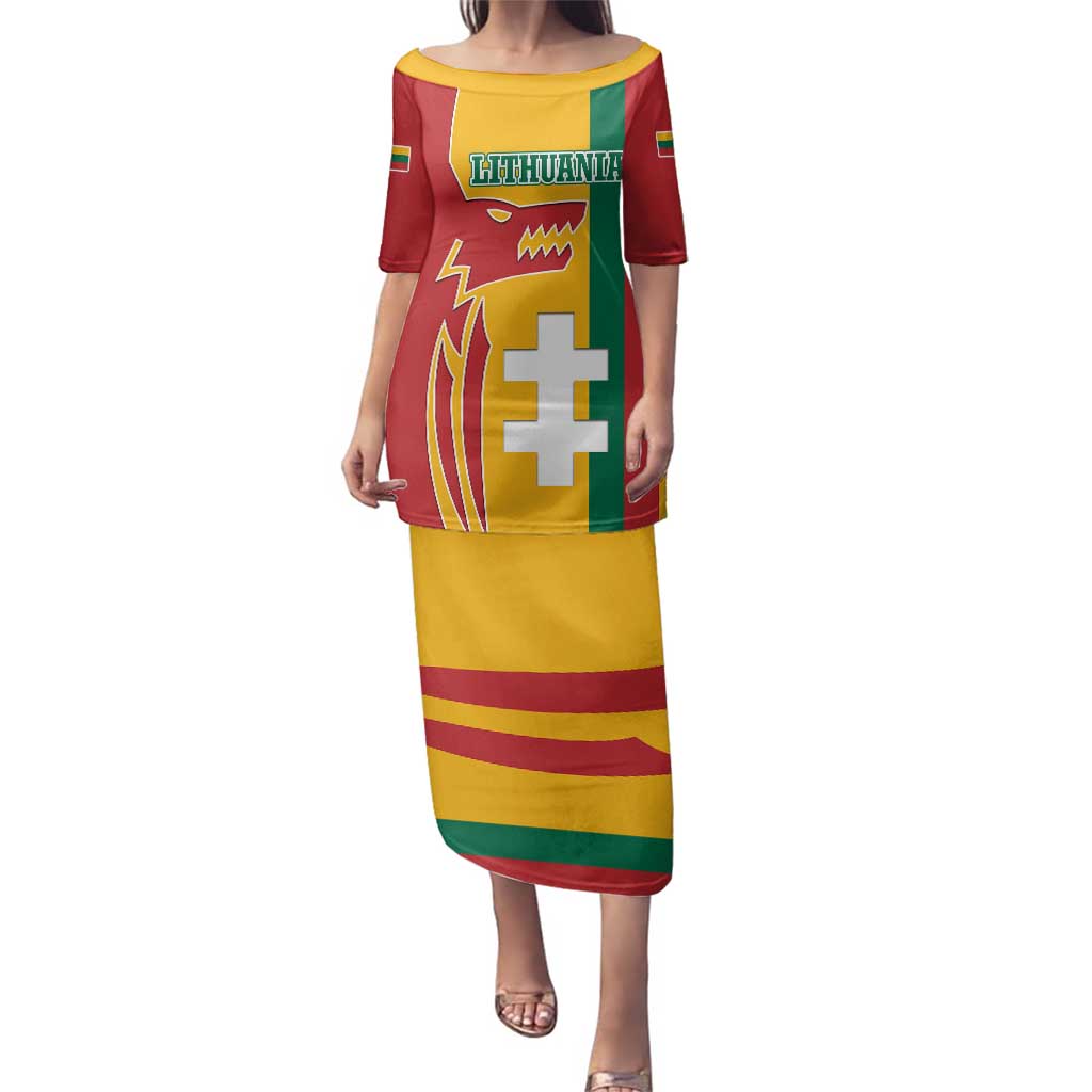 Lithuania Red Family Matching Puletasi and Hawaiian Shirt with Bold Vytis Cross Design and Tricolor Flag Accents - Wonder Print Shop