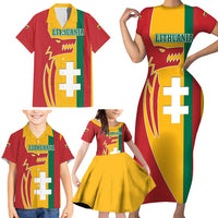 Lithuania Red Family Matching Short Sleeve Bodycon Dress and Hawaiian Shirt with Bold Vytis Cross Design and Tricolor Flag Accents - Wonder Print Shop