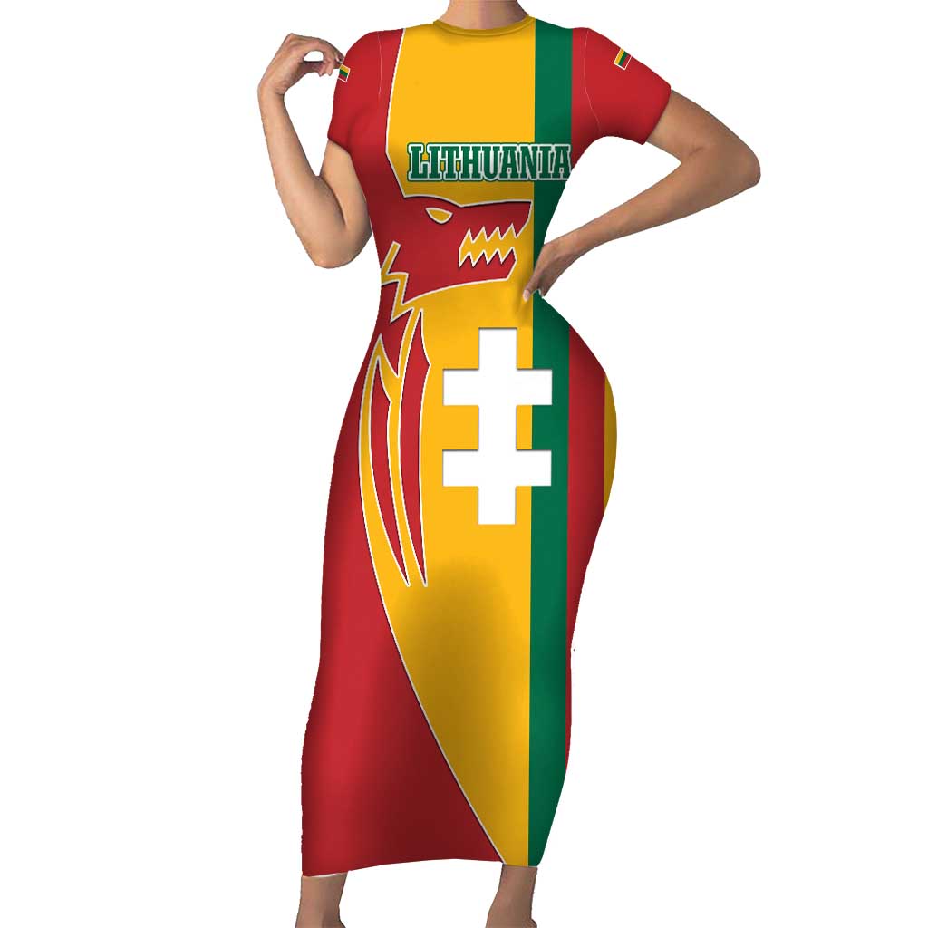 Lithuania Red Family Matching Short Sleeve Bodycon Dress and Hawaiian Shirt with Bold Vytis Cross Design and Tricolor Flag Accents - Wonder Print Shop