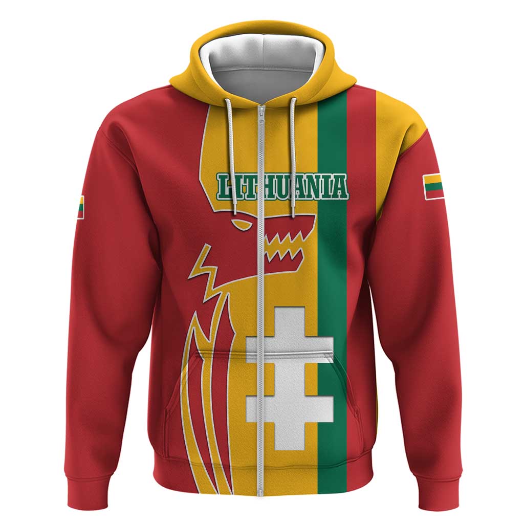 Lithuania Red Hoodie with Bold Vytis Cross Design and Tricolor Flag Accents - Wonder Print Shop