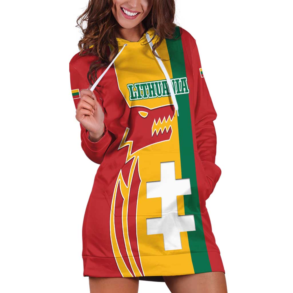 Lithuania Red Hoodie Dress with Bold Vytis Cross Design and Tricolor Flag Accents - Wonder Print Shop