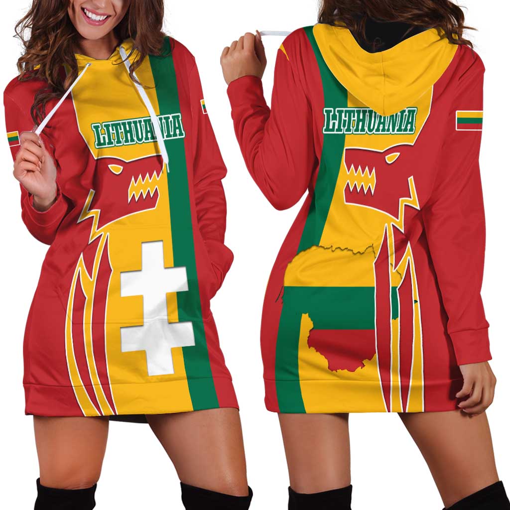 Lithuania Red Hoodie Dress with Bold Vytis Cross Design and Tricolor Flag Accents - Wonder Print Shop