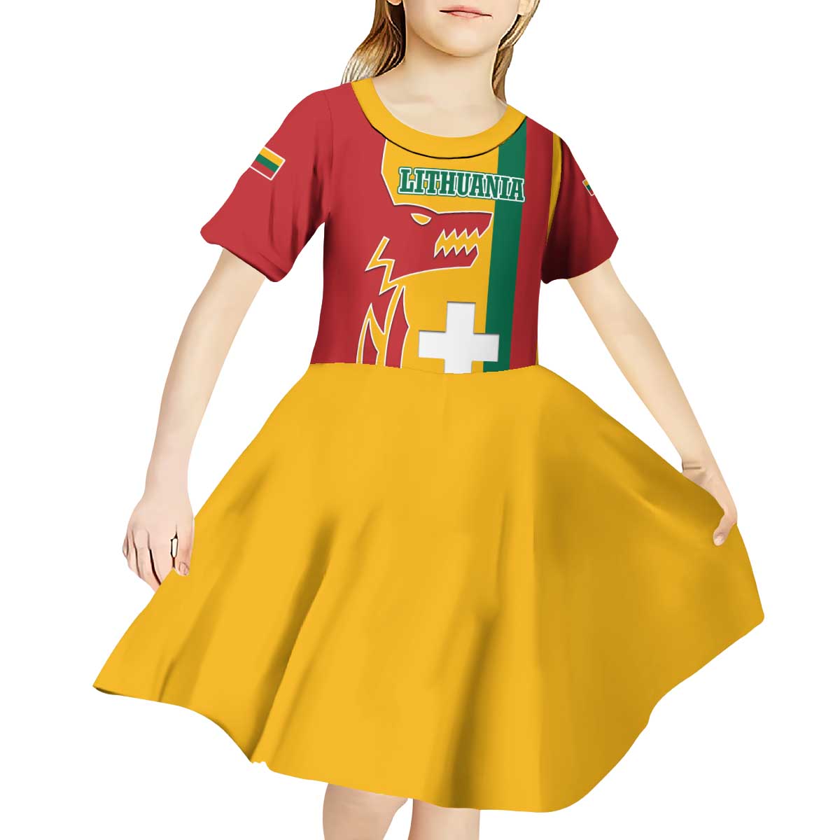 Lithuania Red Kid Short Sleeve Dress with Bold Vytis Cross Design and Tricolor Flag Accents - Wonder Print Shop