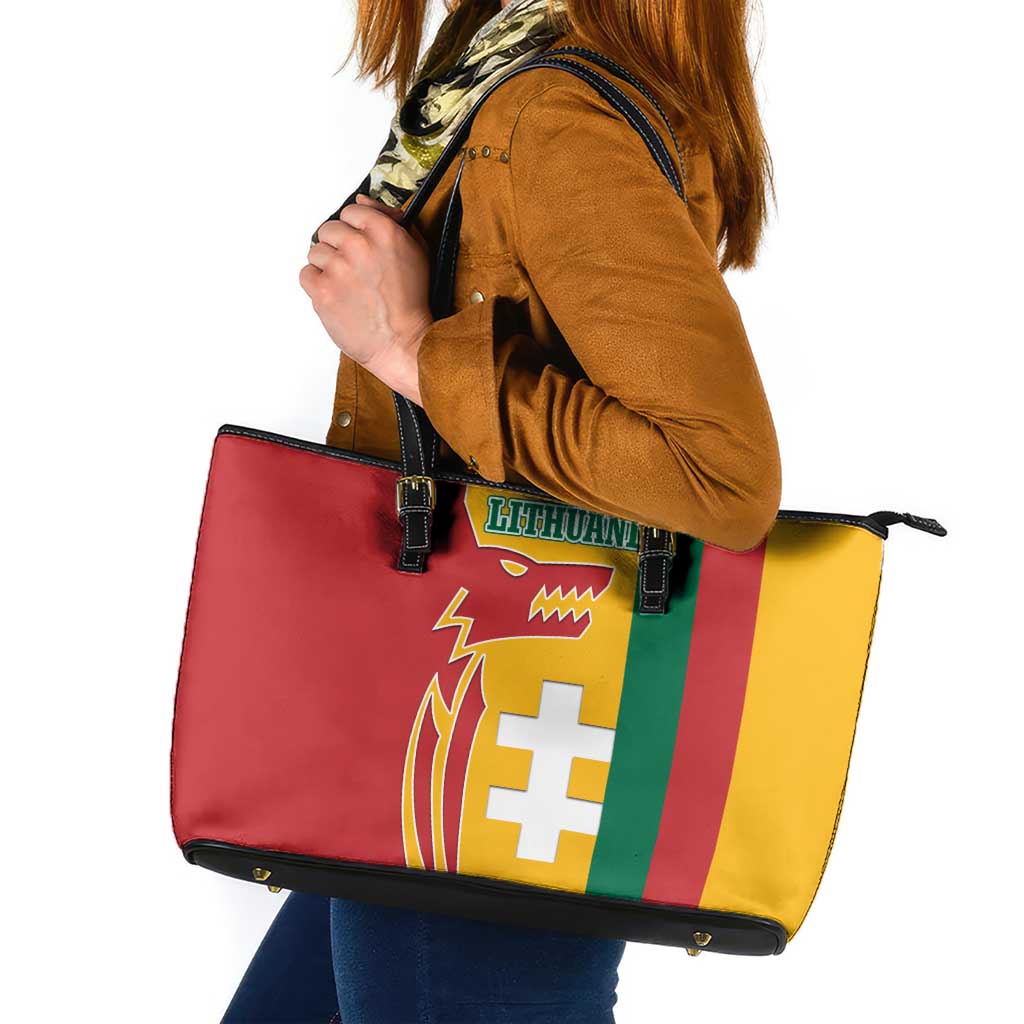 Lithuania Red Leather Tote Bag with Bold Vytis Cross Design and Tricolor Flag Accents - Wonder Print Shop