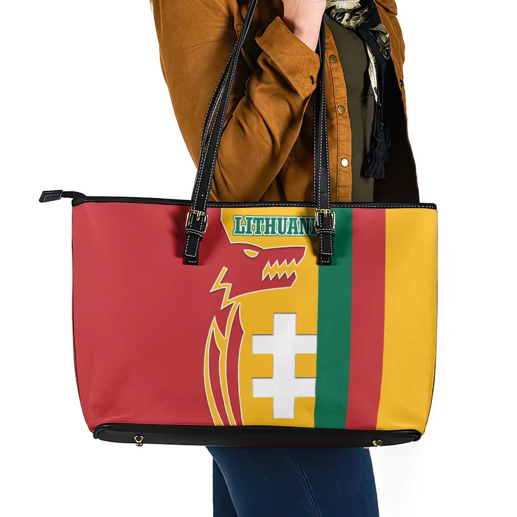 Lithuania Red Leather Tote Bag with Bold Vytis Cross Design and Tricolor Flag Accents - Wonder Print Shop
