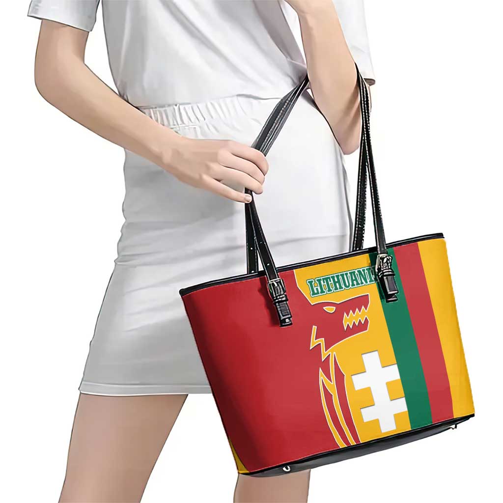 Lithuania Red Leather Tote Bag with Bold Vytis Cross Design and Tricolor Flag Accents - Wonder Print Shop