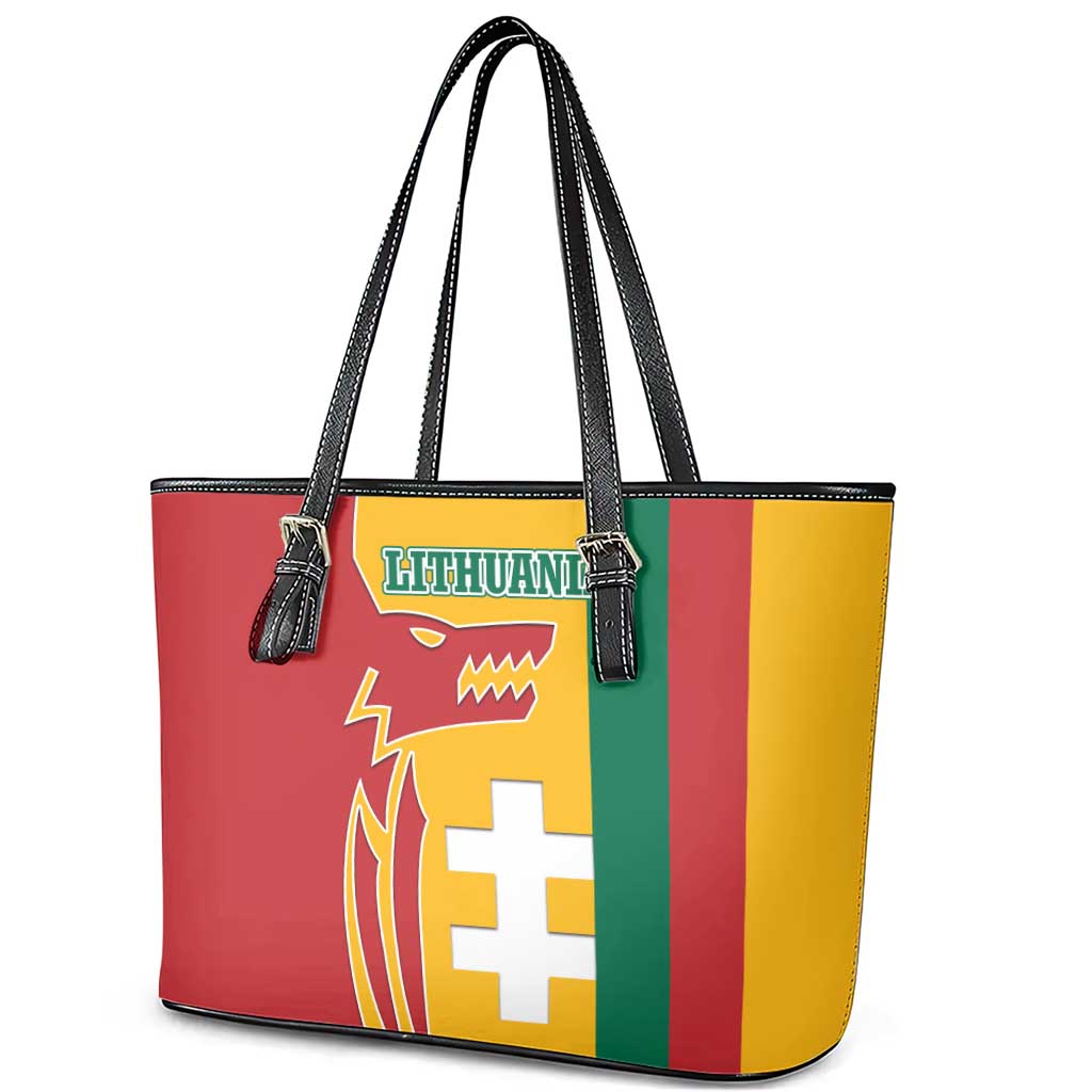 Lithuania Red Leather Tote Bag with Bold Vytis Cross Design and Tricolor Flag Accents - Wonder Print Shop