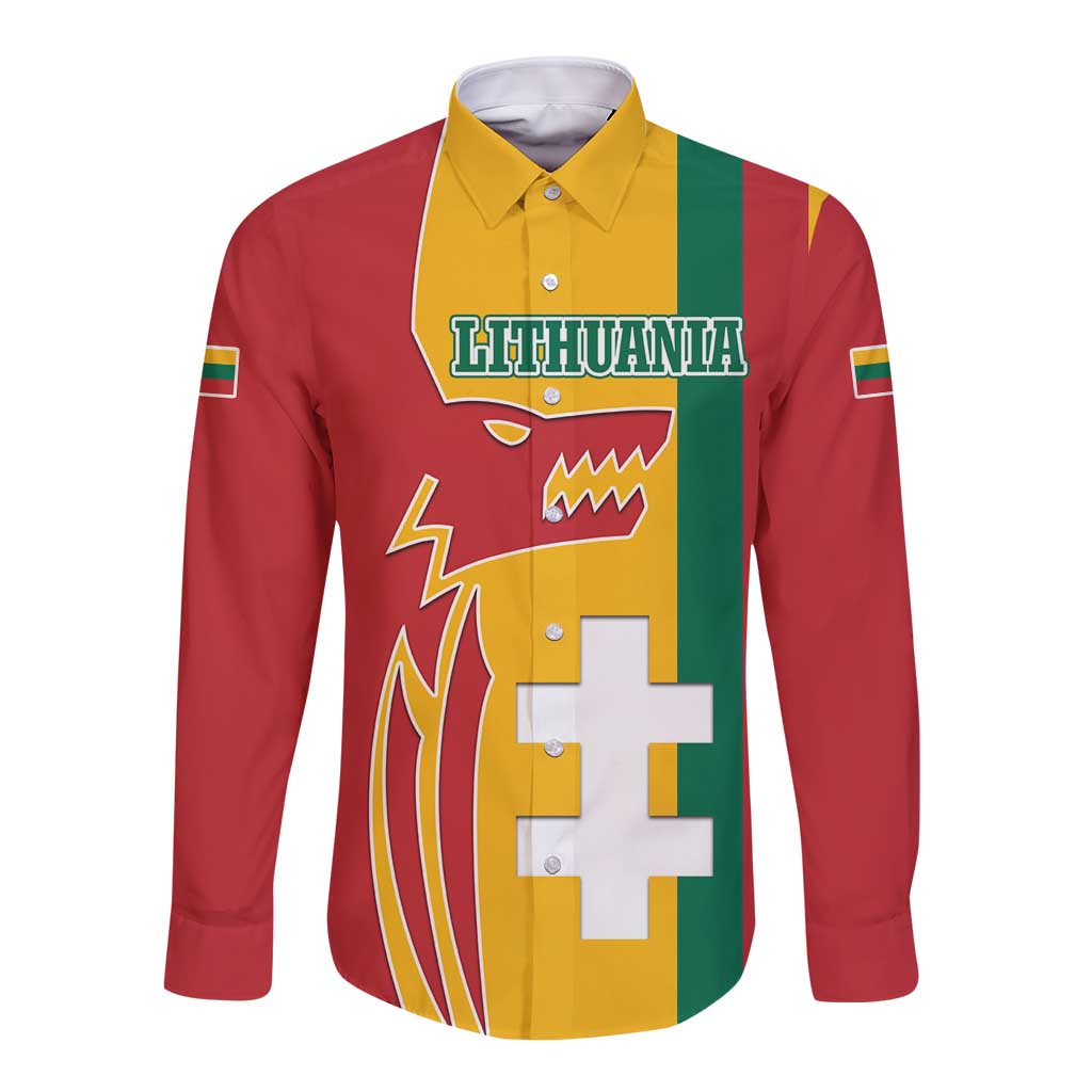 Lithuania Red Long Sleeve Button Shirt with Bold Vytis Cross Design and Tricolor Flag Accents - Wonder Print Shop