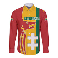 Lithuania Red Long Sleeve Button Shirt with Bold Vytis Cross Design and Tricolor Flag Accents - Wonder Print Shop