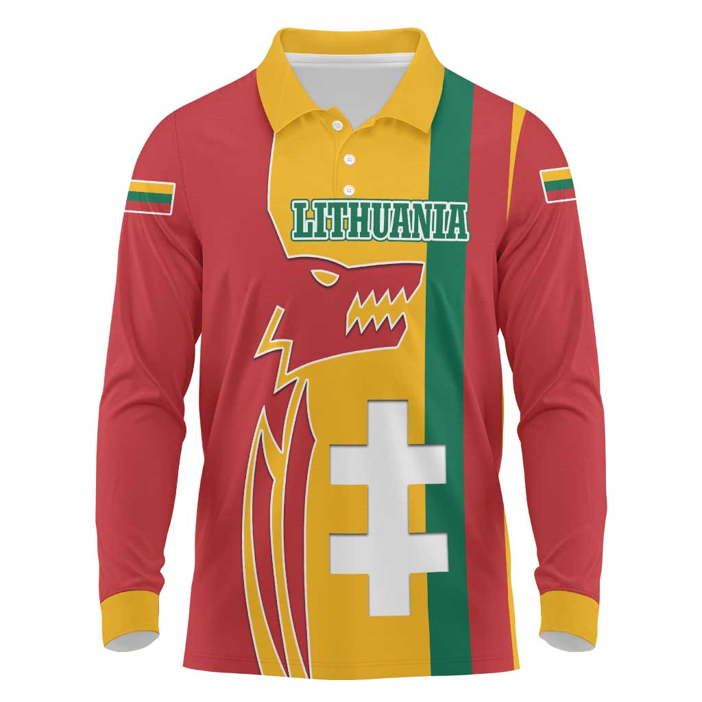 Lithuania Red Long Sleeve Polo Shirt with Bold Vytis Cross Design and Tricolor Flag Accents - Wonder Print Shop