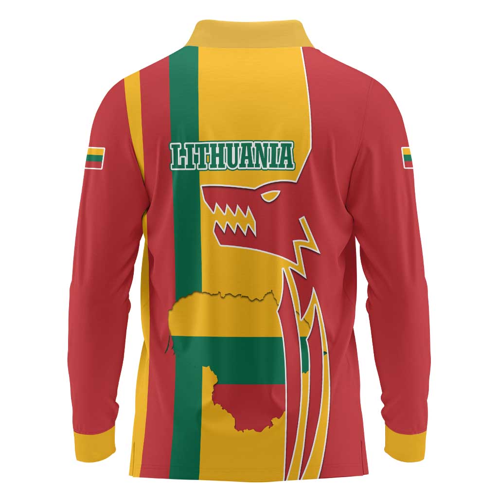 Lithuania Red Long Sleeve Polo Shirt with Bold Vytis Cross Design and Tricolor Flag Accents - Wonder Print Shop