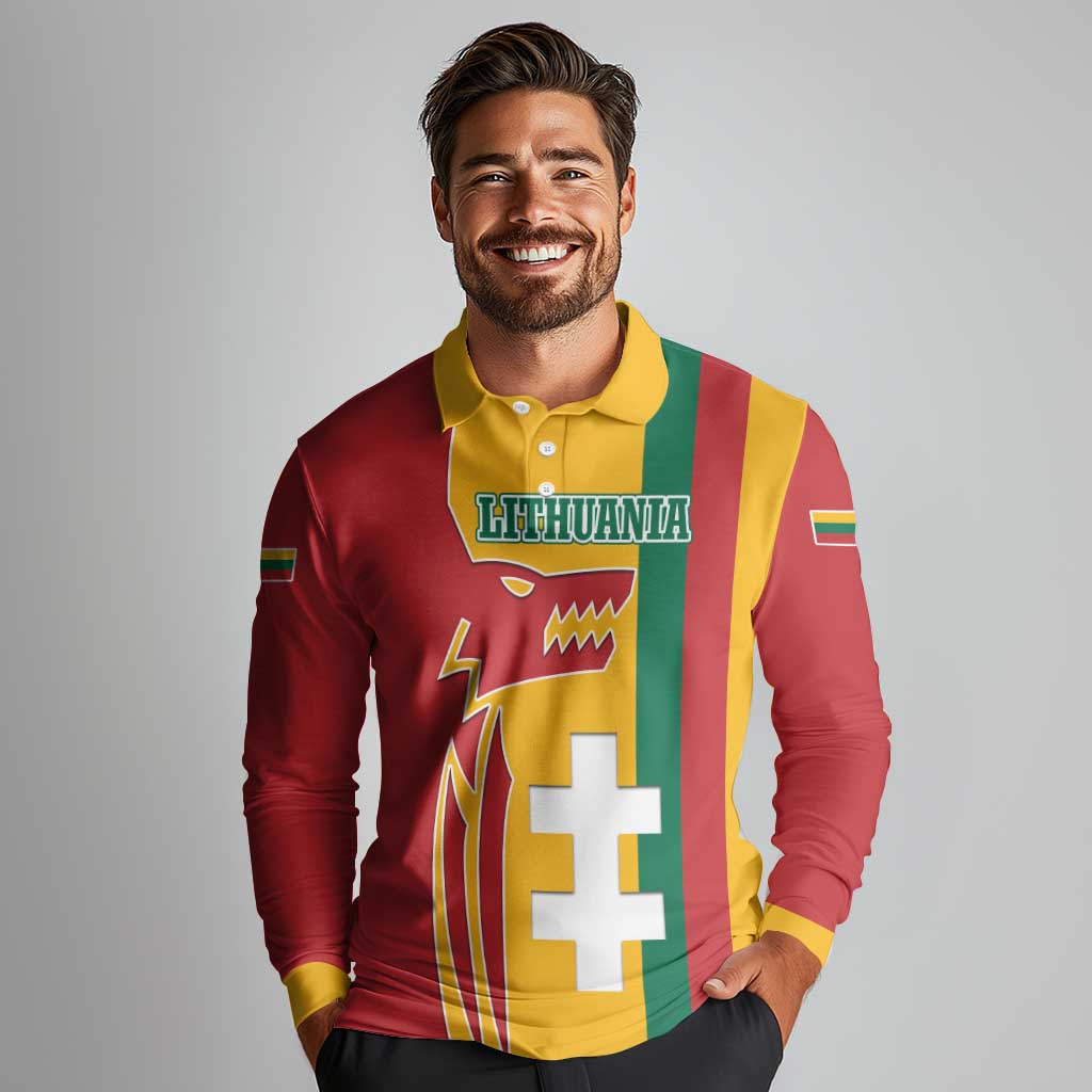 Lithuania Red Long Sleeve Polo Shirt with Bold Vytis Cross Design and Tricolor Flag Accents - Wonder Print Shop