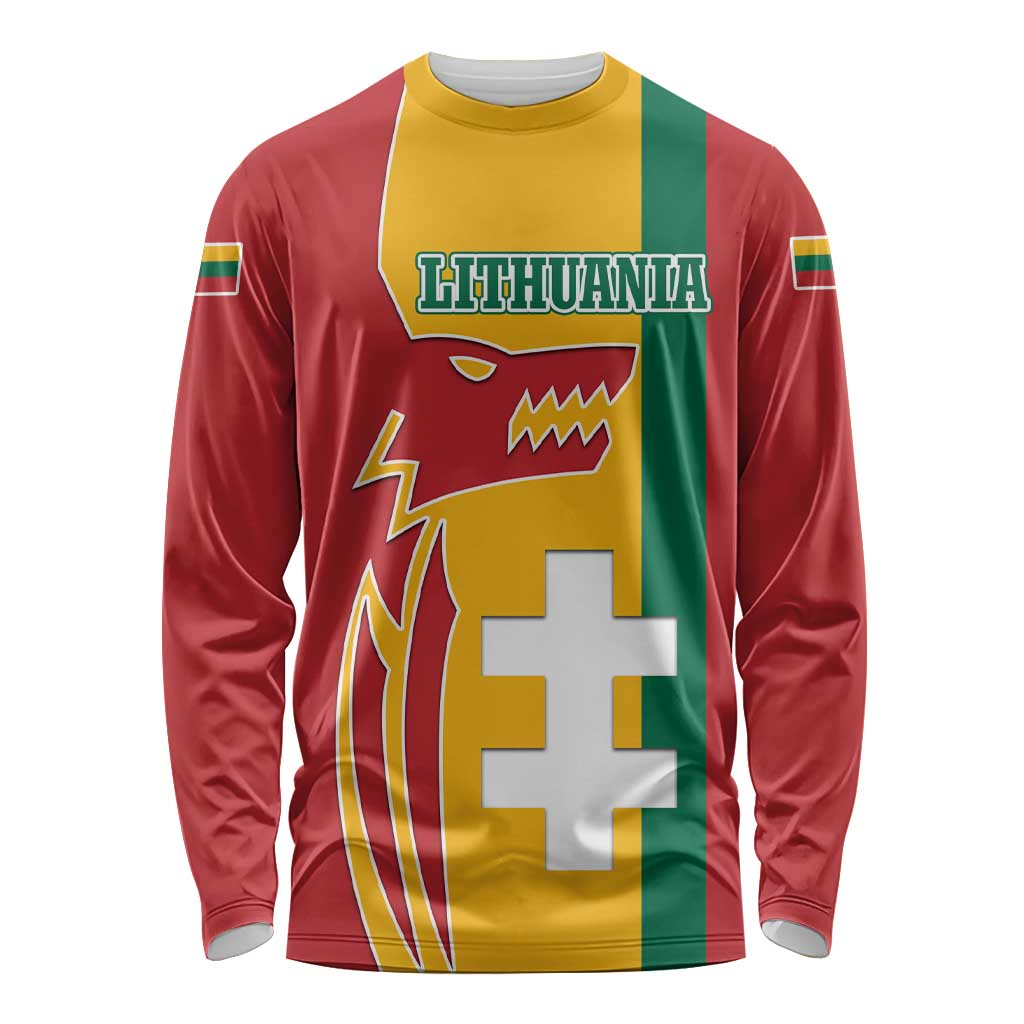 Lithuania Red Long Sleeve Shirt with Bold Vytis Cross Design and Tricolor Flag Accents - Wonder Print Shop
