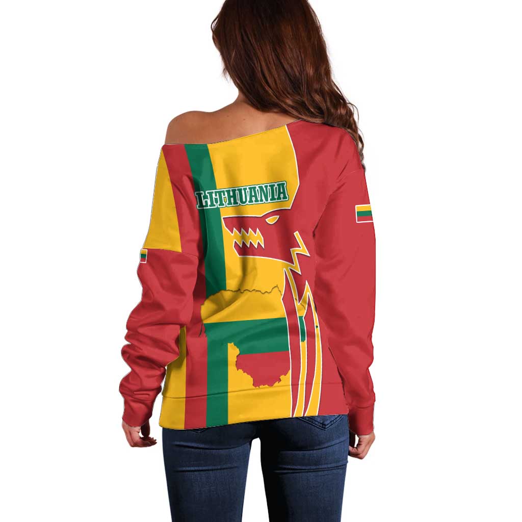 Lithuania Red Off Shoulder Sweater with Bold Vytis Cross Design and Tricolor Flag Accents - Wonder Print Shop