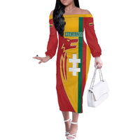 Lithuania Red Off The Shoulder Long Sleeve Dress with Bold Vytis Cross Design and Tricolor Flag Accents - Wonder Print Shop