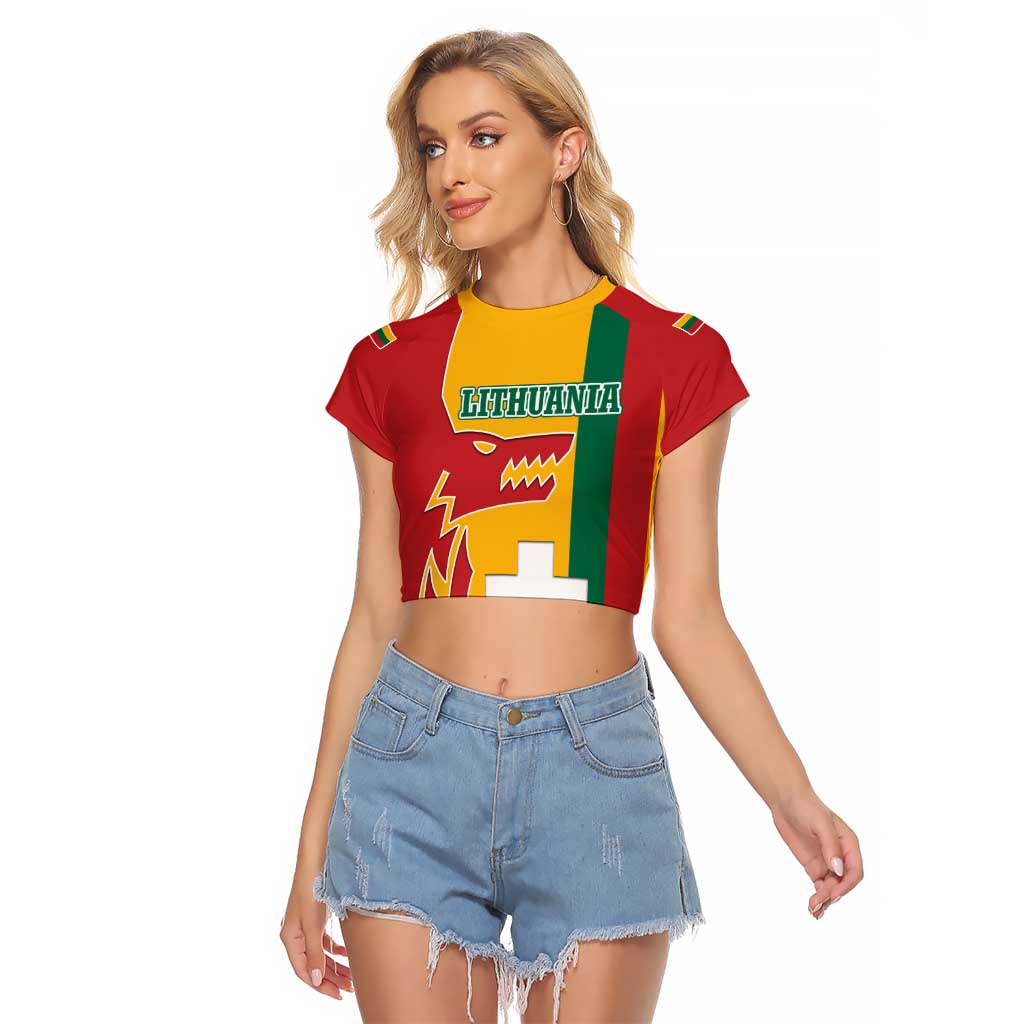 Lithuania Red Raglan Cropped T Shirt with Bold Vytis Cross Design and Tricolor Flag Accents - Wonder Print Shop