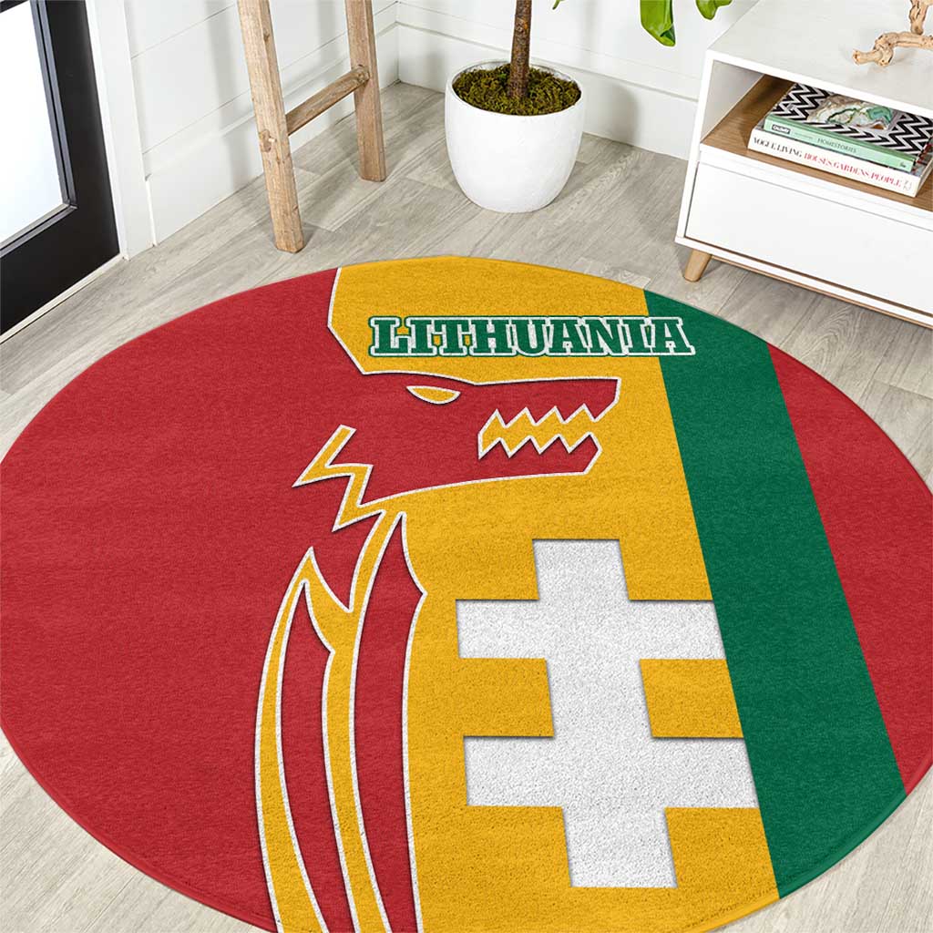 Lithuania Red Round Carpet with Bold Vytis Cross Design and Tricolor Flag Accents - Wonder Print Shop
