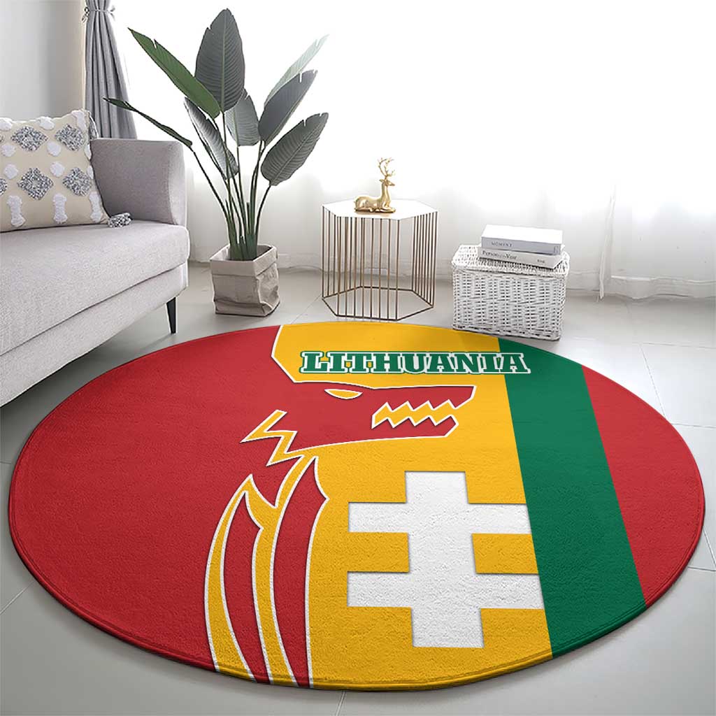 Lithuania Red Round Carpet with Bold Vytis Cross Design and Tricolor Flag Accents - Wonder Print Shop