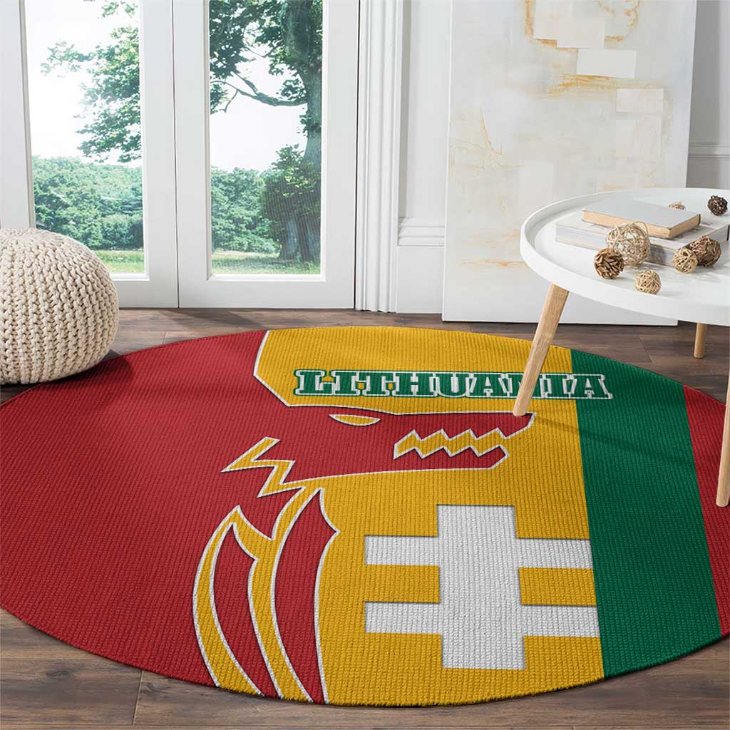 Lithuania Red Round Carpet with Bold Vytis Cross Design and Tricolor Flag Accents - Wonder Print Shop