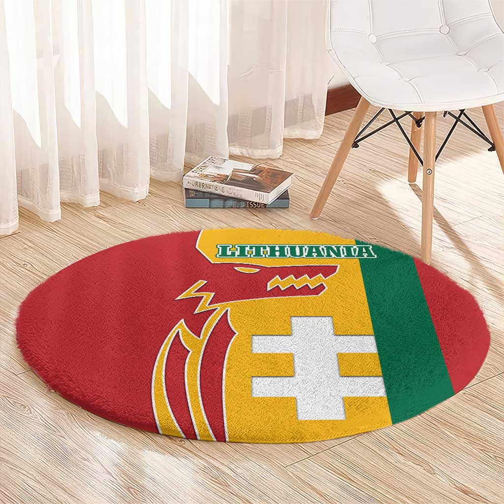 Lithuania Red Round Carpet with Bold Vytis Cross Design and Tricolor Flag Accents - Wonder Print Shop