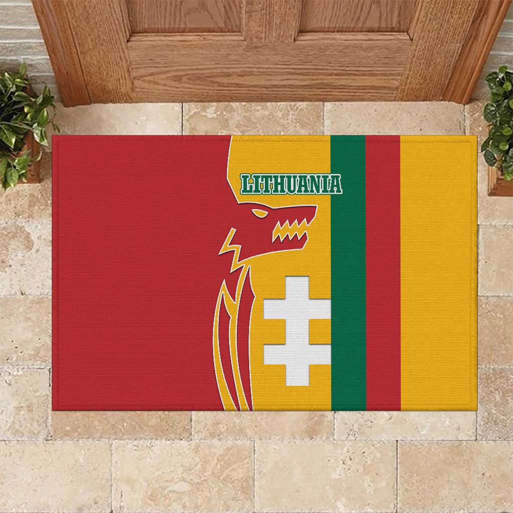 Lithuania Red Rubber Doormat with Bold Vytis Cross Design and Tricolor Flag Accents - Wonder Print Shop