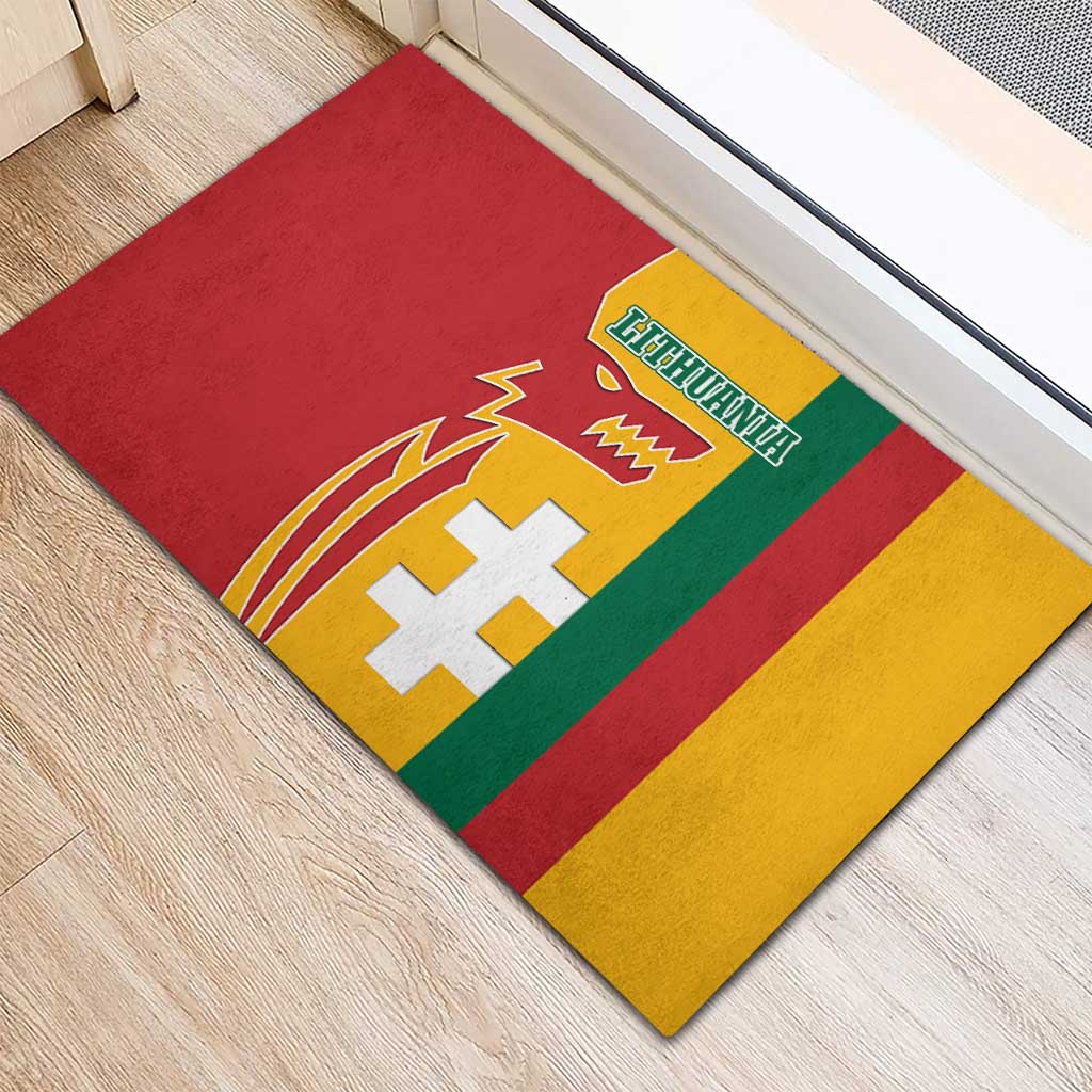 Lithuania Red Rubber Doormat with Bold Vytis Cross Design and Tricolor Flag Accents - Wonder Print Shop