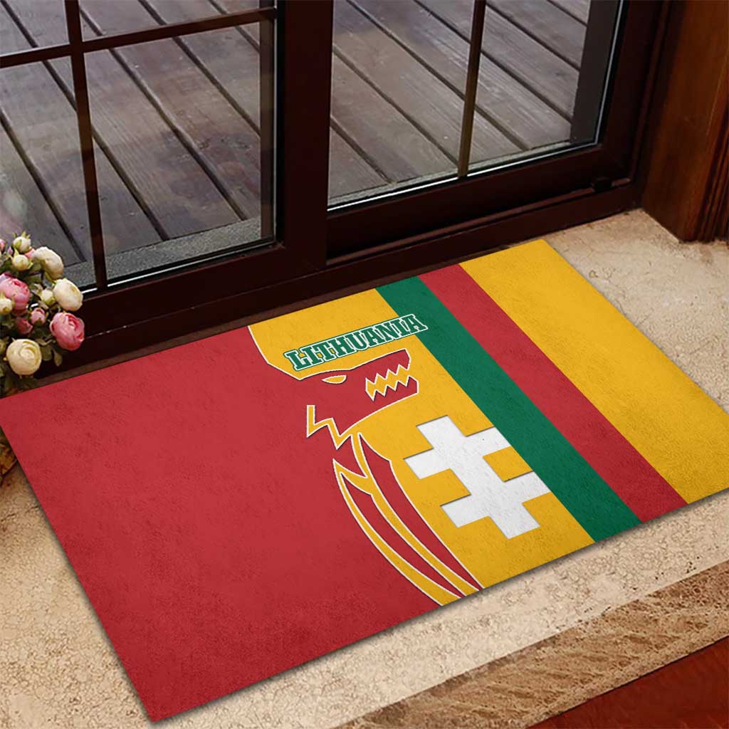 Lithuania Red Rubber Doormat with Bold Vytis Cross Design and Tricolor Flag Accents - Wonder Print Shop