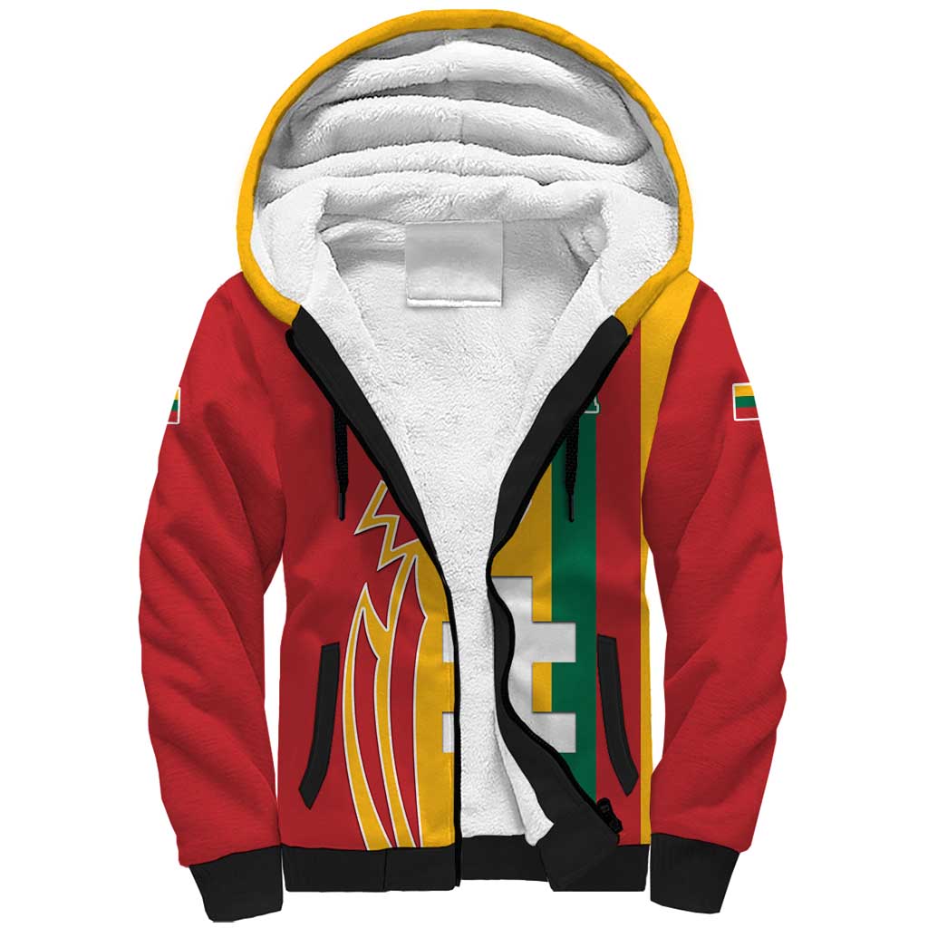 Lithuania Red Sherpa Hoodie with Bold Vytis Cross Design and Tricolor Flag Accents - Wonder Print Shop