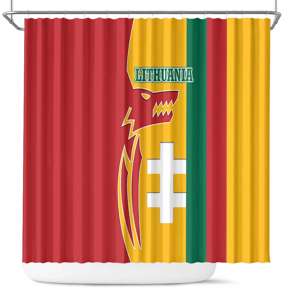 Lithuania Red Shower Curtain with Bold Vytis Cross Design and Tricolor Flag Accents - Wonder Print Shop