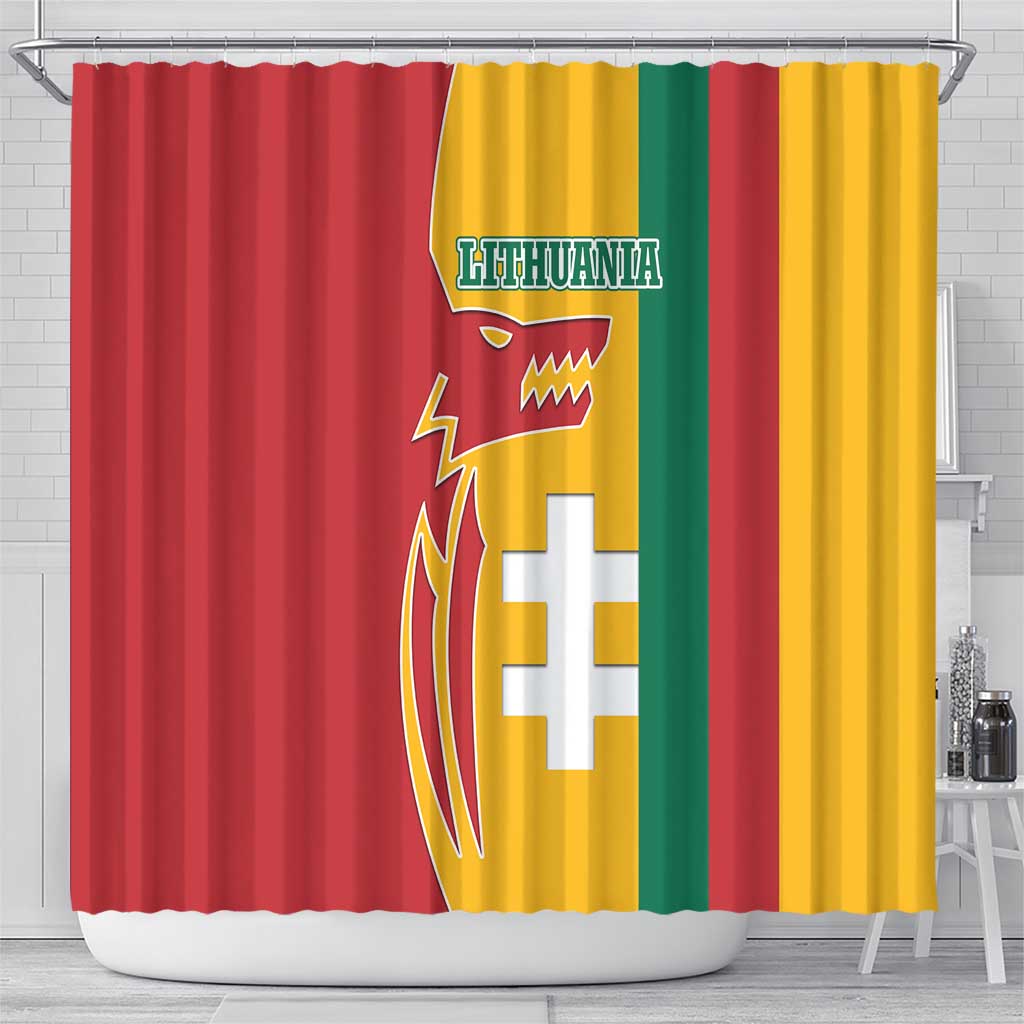 Lithuania Red Shower Curtain with Bold Vytis Cross Design and Tricolor Flag Accents - Wonder Print Shop
