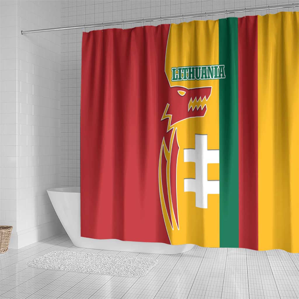 Lithuania Red Shower Curtain with Bold Vytis Cross Design and Tricolor Flag Accents - Wonder Print Shop
