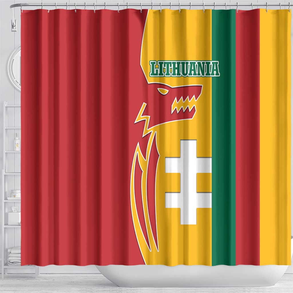 Lithuania Red Shower Curtain with Bold Vytis Cross Design and Tricolor Flag Accents - Wonder Print Shop
