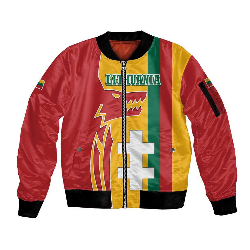 Lithuania Red Sleeve Zip Bomber Jacket with Bold Vytis Cross Design and Tricolor Flag Accents - Wonder Print Shop
