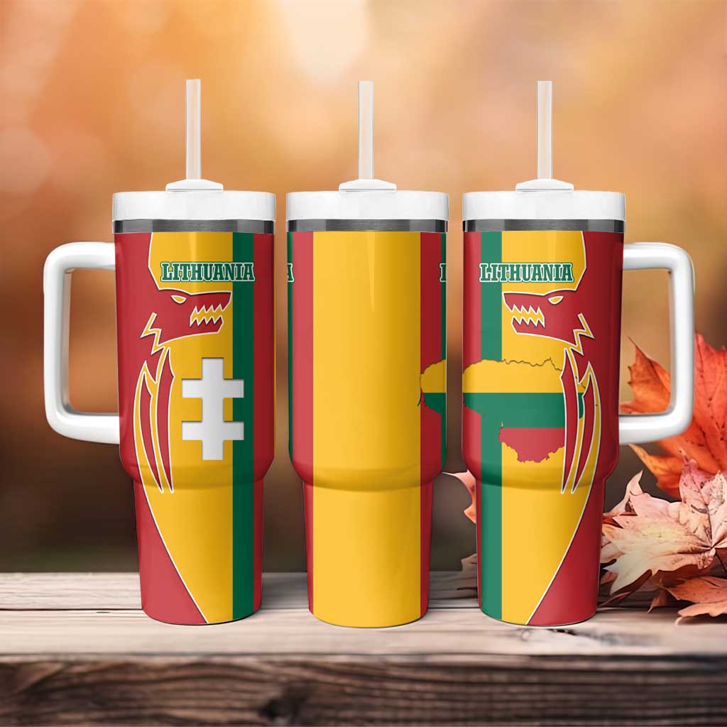 Lithuania Red Tumbler With Handle with Bold Vytis Cross Design and Tricolor Flag Accents - Wonder Print Shop