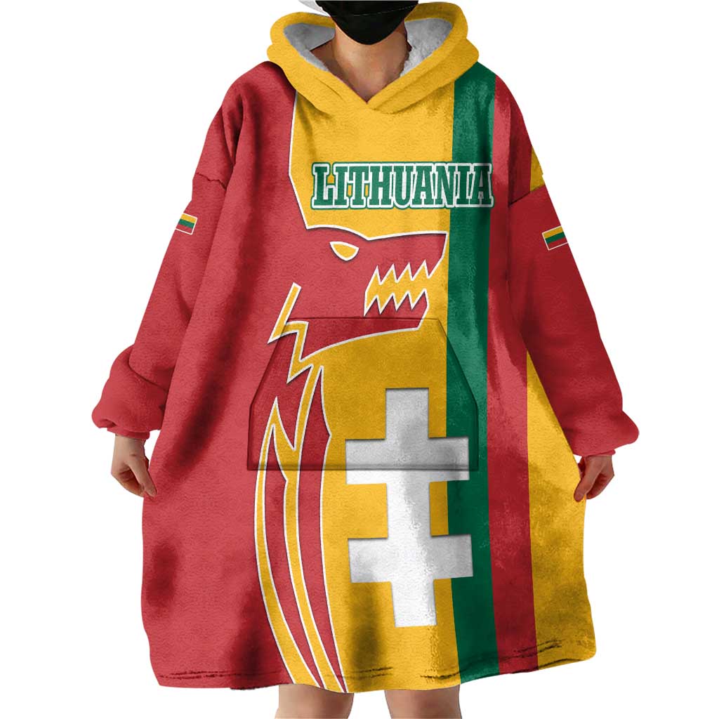 Lithuania Red Wearable Blanket Hoodie with Bold Vytis Cross Design and Tricolor Flag Accents - Wonder Print Shop