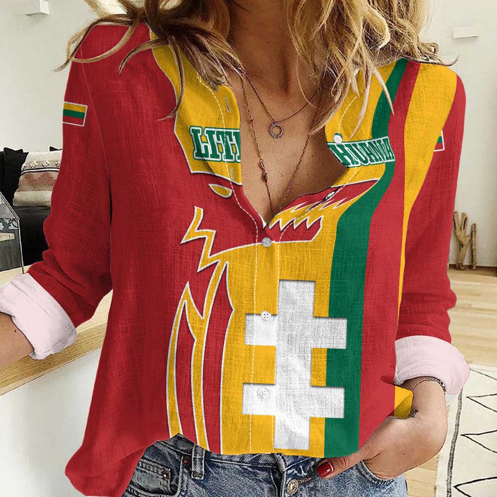 Lithuania Red Women Casual Shirt with Bold Vytis Cross Design and Tricolor Flag Accents - Wonder Print Shop