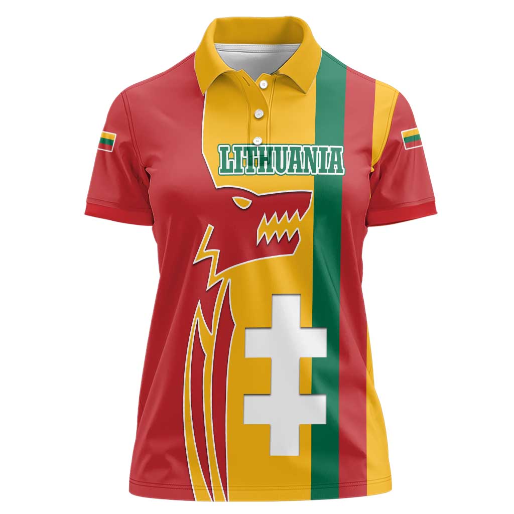 Lithuania Red Women Polo Shirt with Bold Vytis Cross Design and Tricolor Flag Accents - Wonder Print Shop