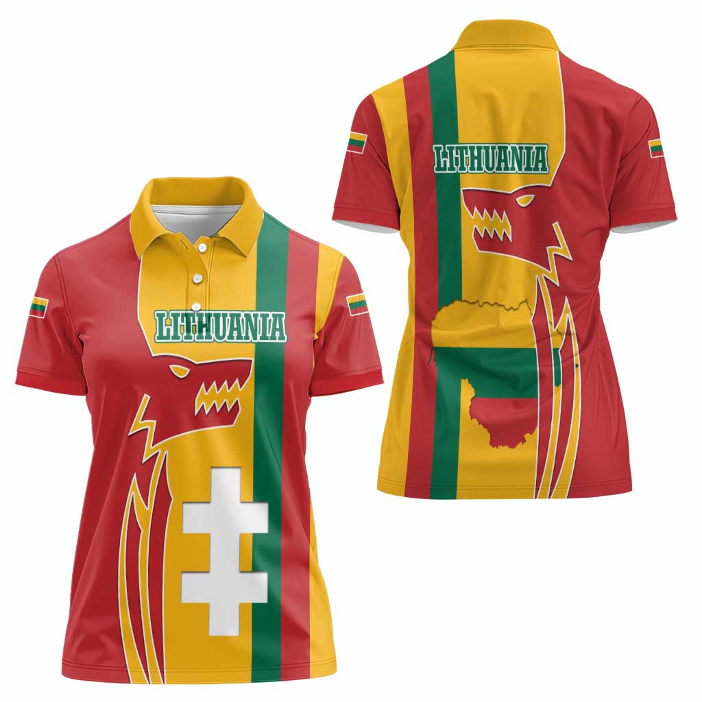 Lithuania Red Women Polo Shirt with Bold Vytis Cross Design and Tricolor Flag Accents - Wonder Print Shop
