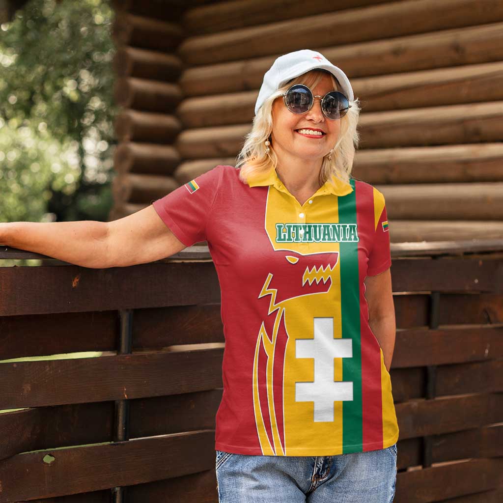 Lithuania Red Women Polo Shirt with Bold Vytis Cross Design and Tricolor Flag Accents - Wonder Print Shop