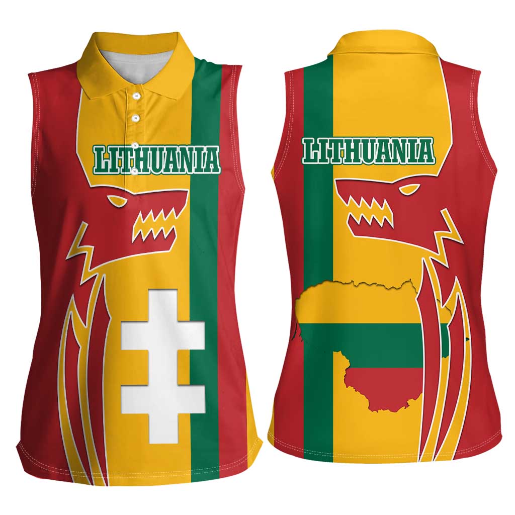 Lithuania Red Women Sleeveless Polo Shirt with Bold Vytis Cross Design and Tricolor Flag Accents - Wonder Print Shop