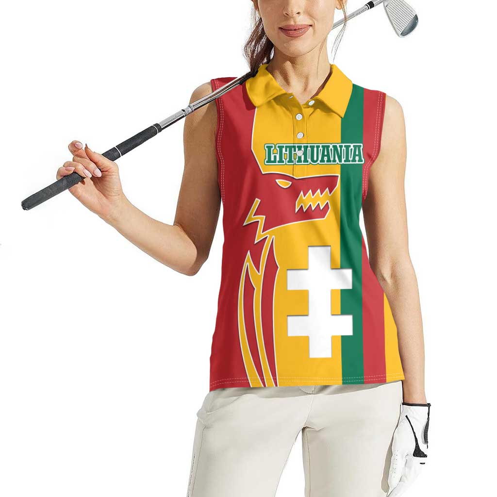 Lithuania Red Women Sleeveless Polo Shirt with Bold Vytis Cross Design and Tricolor Flag Accents - Wonder Print Shop