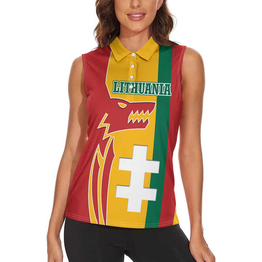 Lithuania Red Women Sleeveless Polo Shirt with Bold Vytis Cross Design and Tricolor Flag Accents - Wonder Print Shop