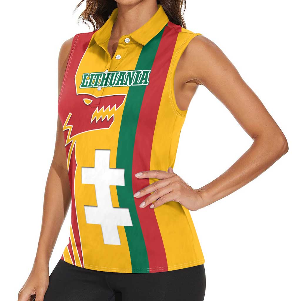 Lithuania Red Women Sleeveless Polo Shirt with Bold Vytis Cross Design and Tricolor Flag Accents - Wonder Print Shop