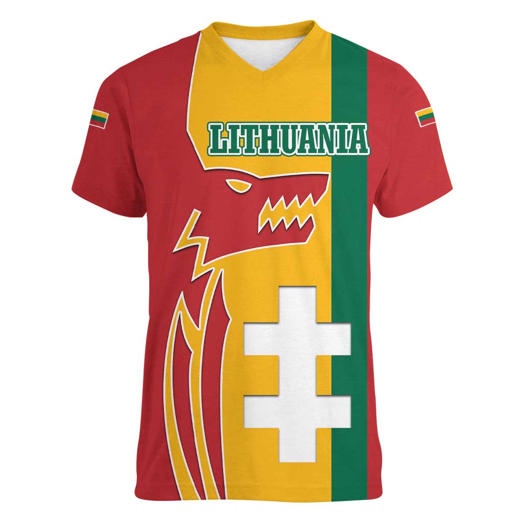 Lithuania Red Women V-Neck T-Shirt with Bold Vytis Cross Design and Tricolor Flag Accents - Wonder Print Shop