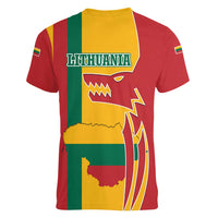Lithuania Red Women V-Neck T-Shirt with Bold Vytis Cross Design and Tricolor Flag Accents - Wonder Print Shop