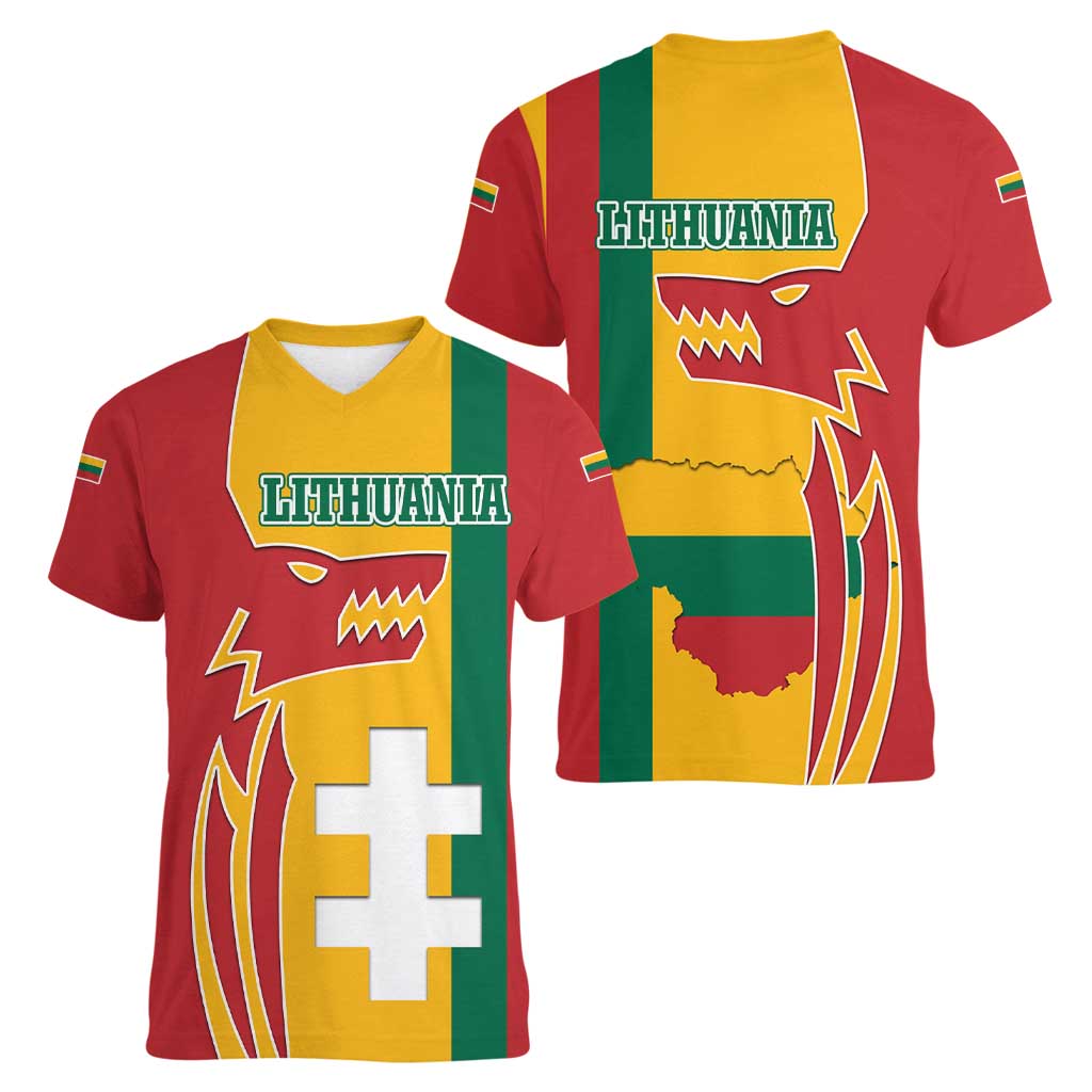 Lithuania Red Women V-Neck T-Shirt with Bold Vytis Cross Design and Tricolor Flag Accents - Wonder Print Shop