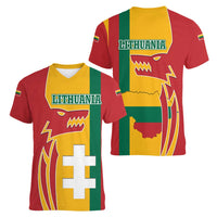 Lithuania Red Women V-Neck T-Shirt with Bold Vytis Cross Design and Tricolor Flag Accents - Wonder Print Shop