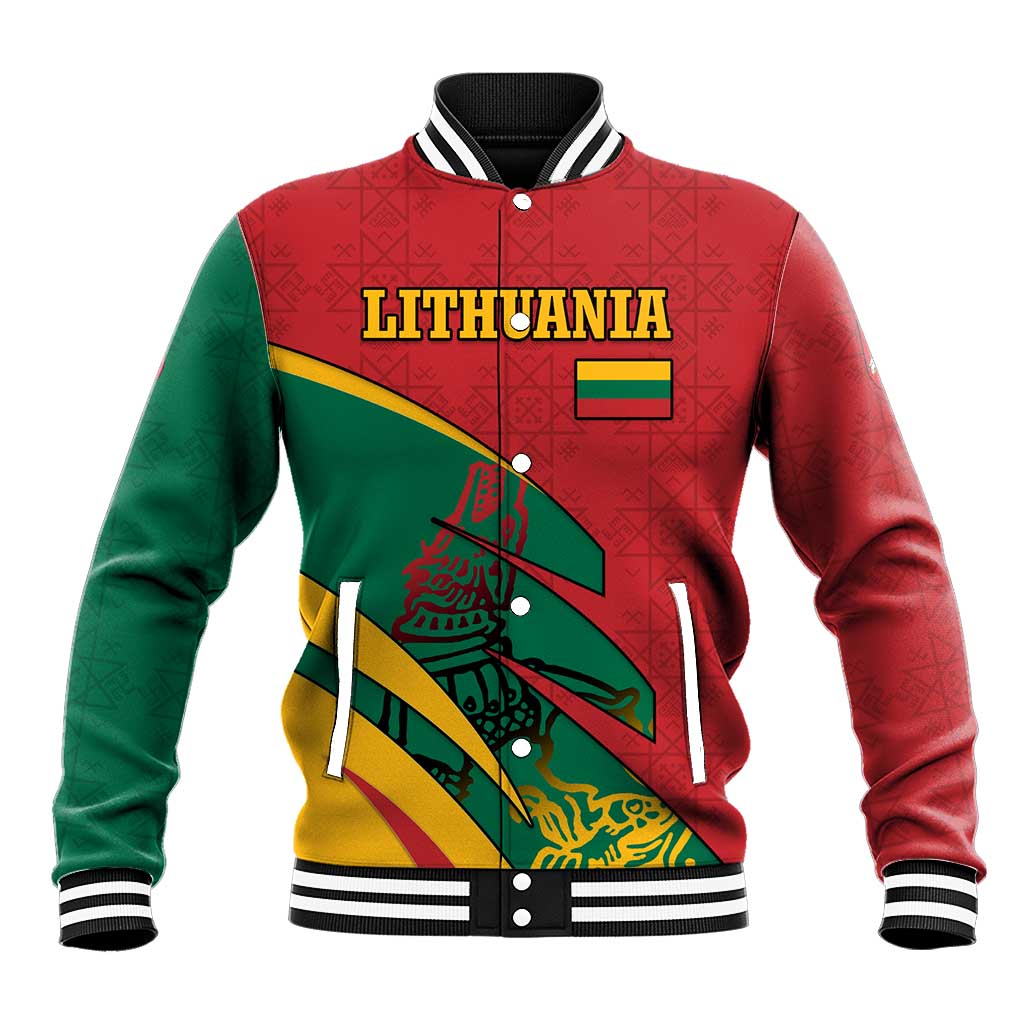 Lithuania Red and Green Baseball Jacket with Knight and Dragon Claw Graphic and National Flag - Wonder Print Shop